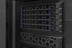Data Center With Multiple Rows of Fully Operational Server Racks. Modern Telecommunications, Cloud Computing, Artificial Intelligence, Database, Supercomputer Technology Concept. photo
