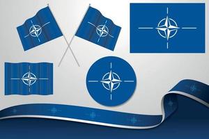 Set Of Nato Flags In Different Designs, Icon, Flaying Flags And ribbon With Background. vector