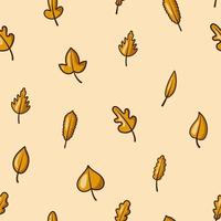 patrón sin costuras de hojas amarillas. fondo para póster o portada. figura para textiles. simple estilo plano de dibujos animados infantiles. lindo garabato hojas de otoño. acogedor otoño. Hola otoño. vector