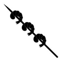 Shrimps on a skewer. Silhouette. Seafood for grilling. Vector illustration. Shrimp tail. Outline on isolated background.