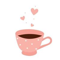 Cute pink mug with hot tasty tea. Cup of home drink with cozy mood. vector