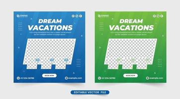 Travel agency social media post design with blue and green colors. Touring business poster vector. Tour and travel banner for the business agency. Dream vacation and tour planner business flyer vector