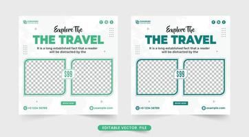 diseño de publicaciones en redes sociales de viajes con formas creativas. plantilla de promoción empresarial de grupo turístico con colores verdes. planificador de vacaciones y vector de plantilla de volante de publicidad de agencia de turismo.