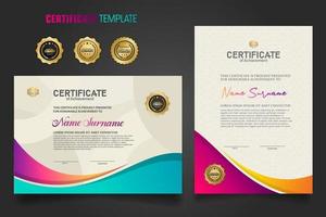 Modern certificate template with dynamic colorful waving shape on  ornament  pattern background vector