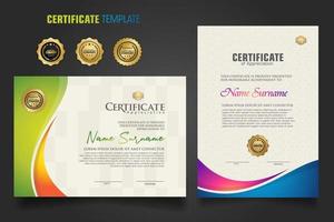 Modern certificate template with dynamic colorful waving shape on  ornament  pattern background vector