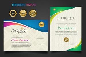 Modern certificate template with dynamic colorful waving shape on  ornament  pattern background vector