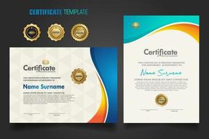 Modern certificate template with dynamic colorful waving shape on  ornament  pattern background vector