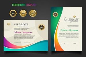 Modern certificate template with dynamic colorful waving shape on  ornament  pattern background vector