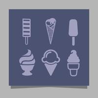 Ice cream icons of various shapes drawn on paper are perfect for depicting something sweet related to ice cream in flyers, logos, banners and others. vector