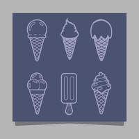 Ice cream icons of various shapes drawn on paper are perfect for depicting something sweet related to ice cream in flyers, logos, banners and others. vector