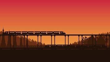 silhouette train and temple with bridge in Thailand on orange gradient background vector