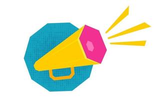 Vector icon of yellow megaphone on blue background.