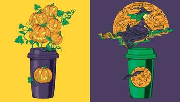 Pumpkin coffee. Halloween Coffee. Set illustrations of a coffee cups with Halloween flavored. Color illustration. vector