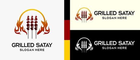 satay logo design template with fire element concept in circle. creative vector logo illustration.
