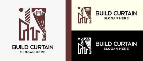 curtain logo design template with silhouette and building in luxury line style. creative vector logo illustration.