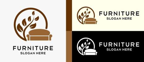 Furniture or woodworking logo design template, chair and leaf icon in a circle. creative vector logo illustration.