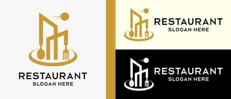 restaurant logo design template, spoon and fork in a building with luxury lines. vector illustration