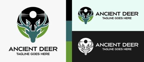 deer head logo design template in circle with sun or moon icon, leaf icon. vector illustration