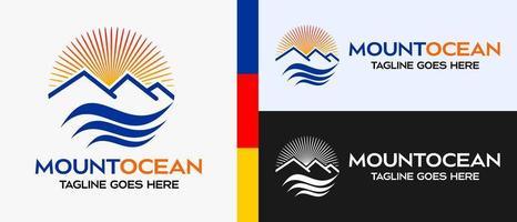 Mountains and sea design logo template. mountain icon, sun icon, sea or lake icon in a circle. outdoor logo vector illustration.