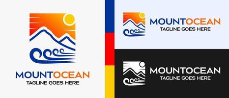 plantilla de logotipo de diseño de montañas y mar. icono de montaña y mar o lago en una caja. Ilustración de vector de logotipo al aire libre.