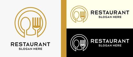 restaurant logo design template, spoon and fork with fancy lines in circle. vector illustration