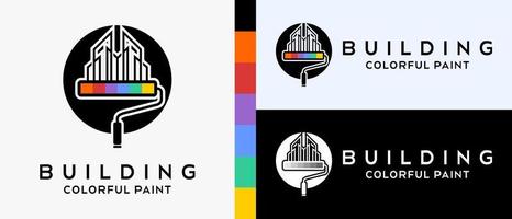 cool building paint logo design template. roller paint brush and building with colorful concept in dots. logo illustration for wall or building paint. Premium Vector