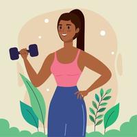 afro woman lifting dumbbell with leafs vector