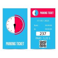 Parking ticket, parking quittance or parking receipt with countdown timer or chronometer icon, QR code, date, time, number, price and amount to pay. Vector illustration in flat style.