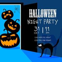 Halloween banner for night party dedicated to October 31 celebration. Halloween party invitation, flyer or poster with scary faced pumpkins in the doorway, spider weaving the web and funny scared cat. vector