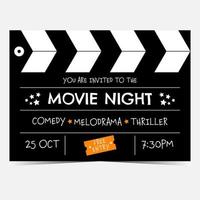 Movie night invitation banner in the form of clapperboard. Vector illustration of poster for movie night party, cinema festival, cinematographic event suitable for promo, advertisement, social posts.