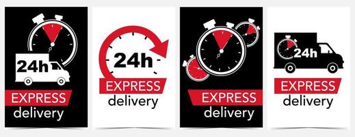 Express delivery banner set with stopwatch, countdown timer, chronometer icon or logo on a delivery truck in red and black colours on white background. Fast urgent courier service vector illustration.