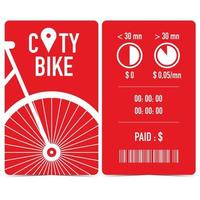 City bike rental receipt, quittance, ticket or talon with white bicycle on red background, bar code, time and amount to pay. Urban cycle hire ticket issued by the docking station terminal after ride. vector
