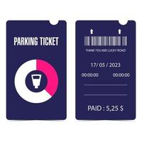 Parking ticket, quittance, receipt or talon with parking meter, bar code, date, time and price. Front and back sides of automatic parking zone quittance or receipt. Vector illustration.