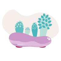 la familia de cactus verdes planos y simples en el jarrón violeta vector