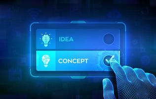 Idea or Concept. Making decision. Creative idea. Solution analysis and development. Innovative technology. Hand on virtual touch screen ticking the check mark on Concept button. Vector illustration.