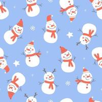 Seamless pattern with snowmen, snowflakes. Winter abstract Christmas forest print. Vector graphics.