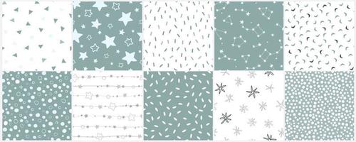 The set is a seamless pattern with simple geometric shapes, stars, constellations, lines, dots. Festive abstract pattern. Vector graphics.