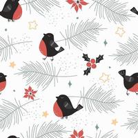 Seamless pattern with winter birds bullfinches, cones, snowflakes, spruce branches. Christmas print. Vector graphics.