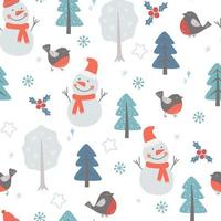 Seamless pattern with snowmen, bullfinches, Christmas trees. Winter abstract Christmas forest print. Vector graphics.