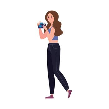 mujer con camara fotografica vector