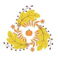 Wreath of colorful autumn leaves, flowers and pumpkin. Fall theme vector illustration. Thanksgiving day greeting card or invitation.