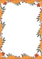 Vertical frame of colorful autumn leaves and berries. Fall theme vector illustration. Thanksgiving day greeting card or invitation.