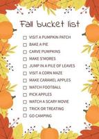 Fall bucket list. Funny autumn things to do checklist. Seasonal activity planner page.  Frame of colorful leaves. Autumn wish list. Easy to edit vector template