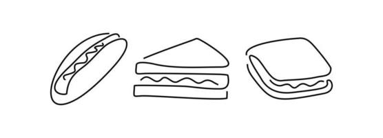 comida rápida una línea. Ilustración de vector de sándwiches. sándwich, hot dog - arte asombroso. desayuno, cafetería. bollo y relleno