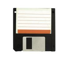 Black floppy disk with tag for writing messages. on a isolate white background.Computer devices in the '90s for recording data.top-down,front view,top view,flat lay. photo