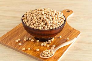 soybean in a bowl with wooden chopping board and spoon on wooden background, front view, selective focus. photo