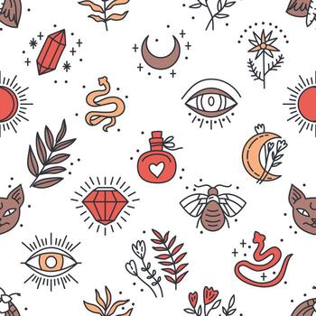 Seamless pattern of Mystical and Astrology objects in boho style vector