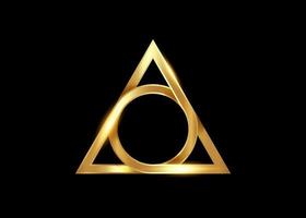 golden sacred geometrical figure of a circle inscribed in a triangle, the gold vector logo design mythological symbol round triangle, magical talisman isolated on black background