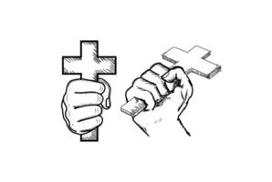 boceto dibujado a mano asimiento de la mano madera metal jesús cristiano católico cruz ilustración vector
