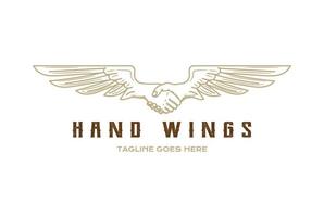 Retro Vintage Wings with Hand Handshake for Motorcycle Biker Club or Peace Community Logo Design vector